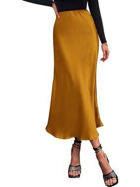 Women Brown Yellow Polyester Elastane High Waist Lightweight A-Line Long Skirt